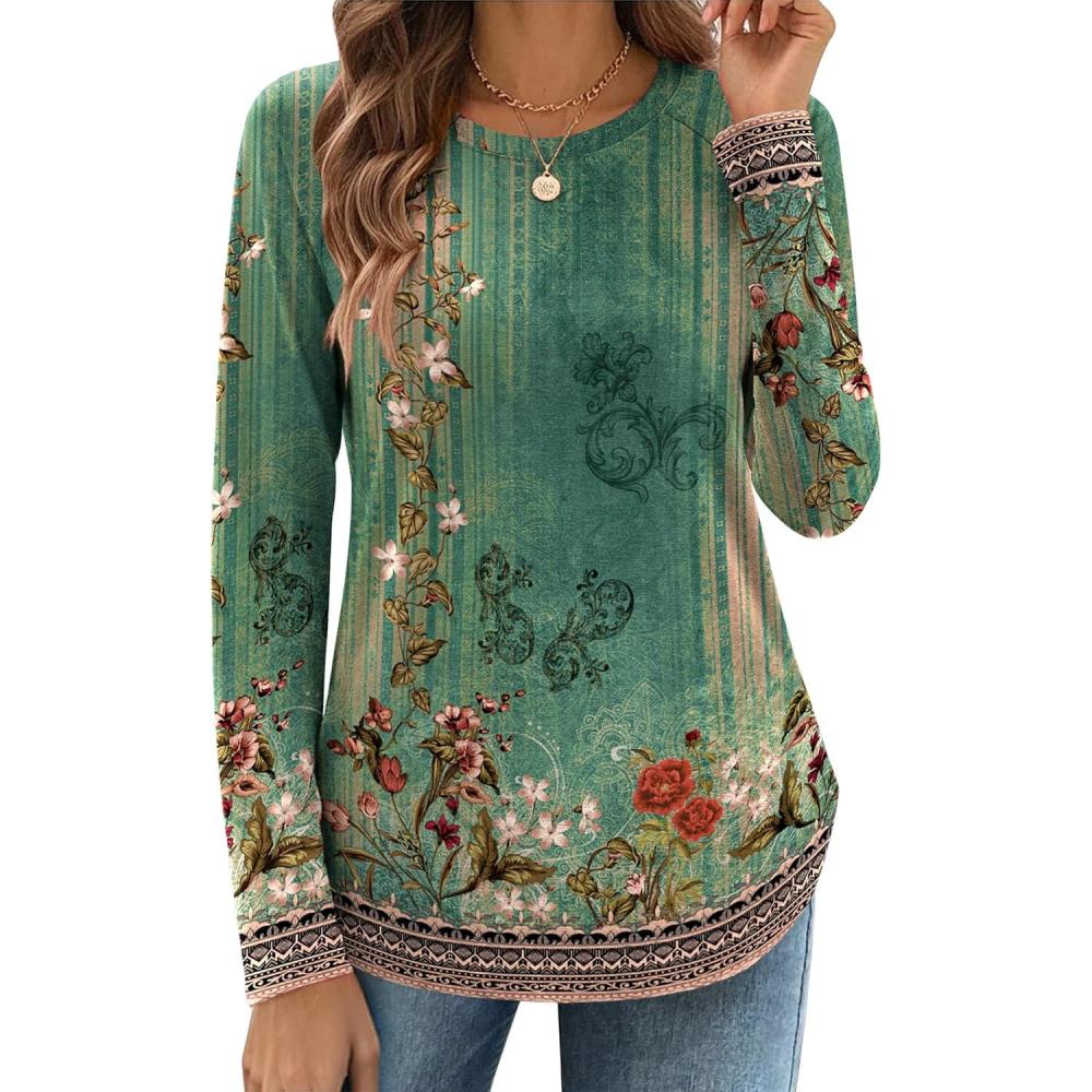 imageZeagoo Long Sleeve Shirts for Women Crew Neck Casual Fall Fashion Blouses Basic Tunic Tops Dressy Work ClothesGreen Flowermz808