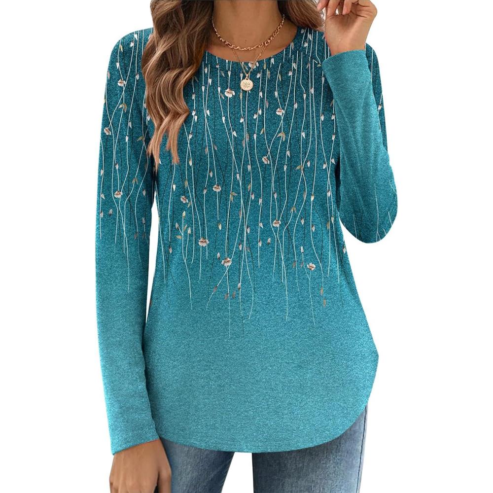 imageZeagoo Long Sleeve Shirts for Women Crew Neck Casual Fall Fashion Blouses Basic Tunic Tops Dressy Work ClothesGreen Leavexh363