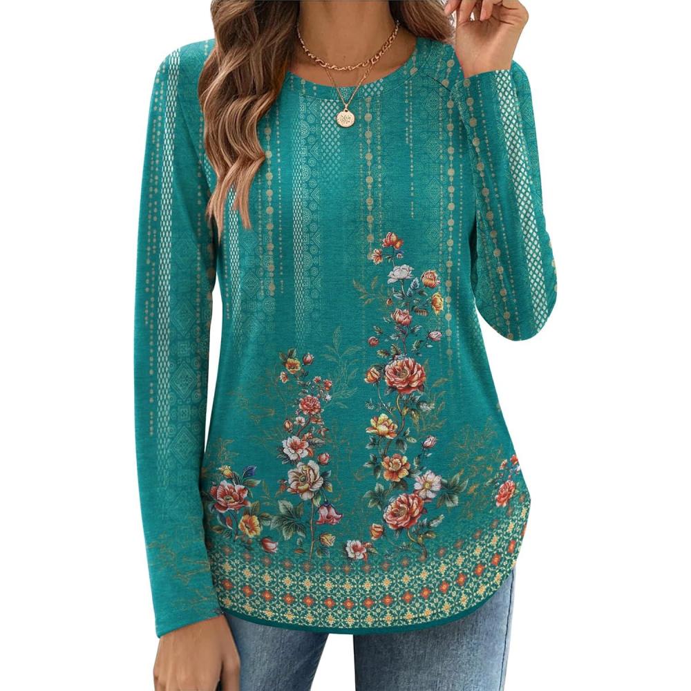 imageZeagoo Long Sleeve Shirts for Women Crew Neck Casual Fall Fashion Blouses Basic Tunic Tops Dressy Work ClothesGreen Printmz871