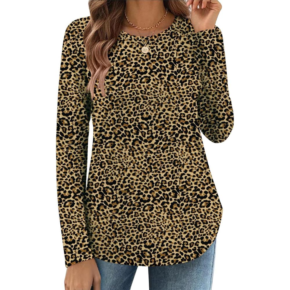 imageZeagoo Long Sleeve Shirts for Women Crew Neck Casual Fall Fashion Blouses Basic Tunic Tops Dressy Work ClothesLeopard Printan136