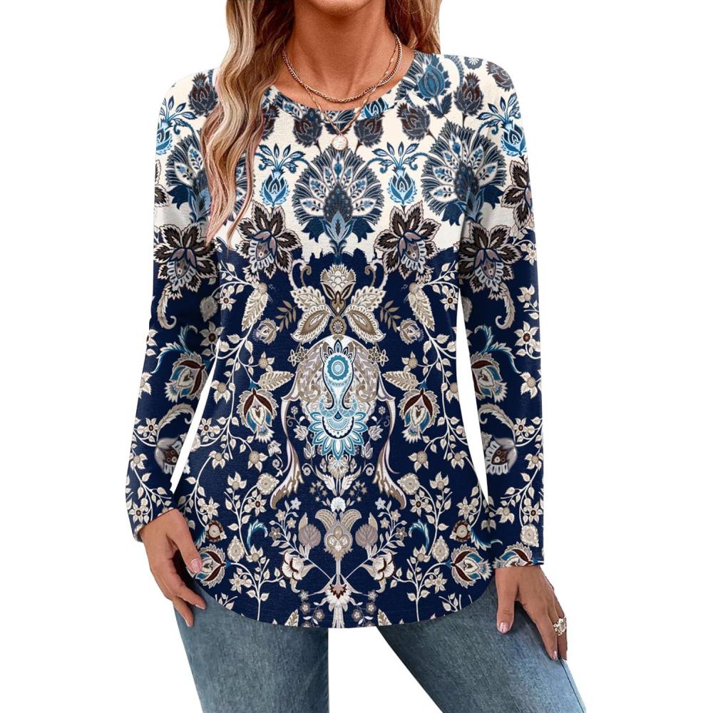 imageZeagoo Long Sleeve Shirts for Women Crew Neck Casual Fall Fashion Blouses Basic Tunic Tops Dressy Work ClothesNavy Printmz873