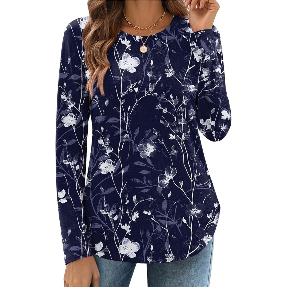 imageZeagoo Long Sleeve Shirts for Women Crew Neck Casual Fall Fashion Blouses Basic Tunic Tops Dressy Work ClothesNavy Printsf180