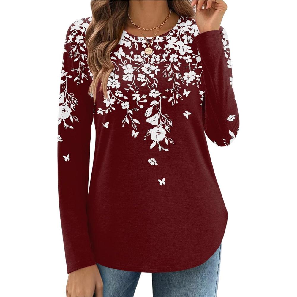 imageZeagoo Long Sleeve Shirts for Women Crew Neck Casual Fall Fashion Blouses Basic Tunic Tops Dressy Work ClothesRed Printsf186