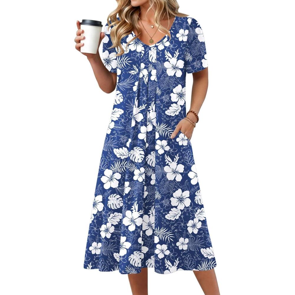 imageZeagoo Summer Dress for Women Casual Floral Midi Sundress with Pockets V Neck Pleated Short Sleeve Aline Beach Vacation DressBlue White Floral