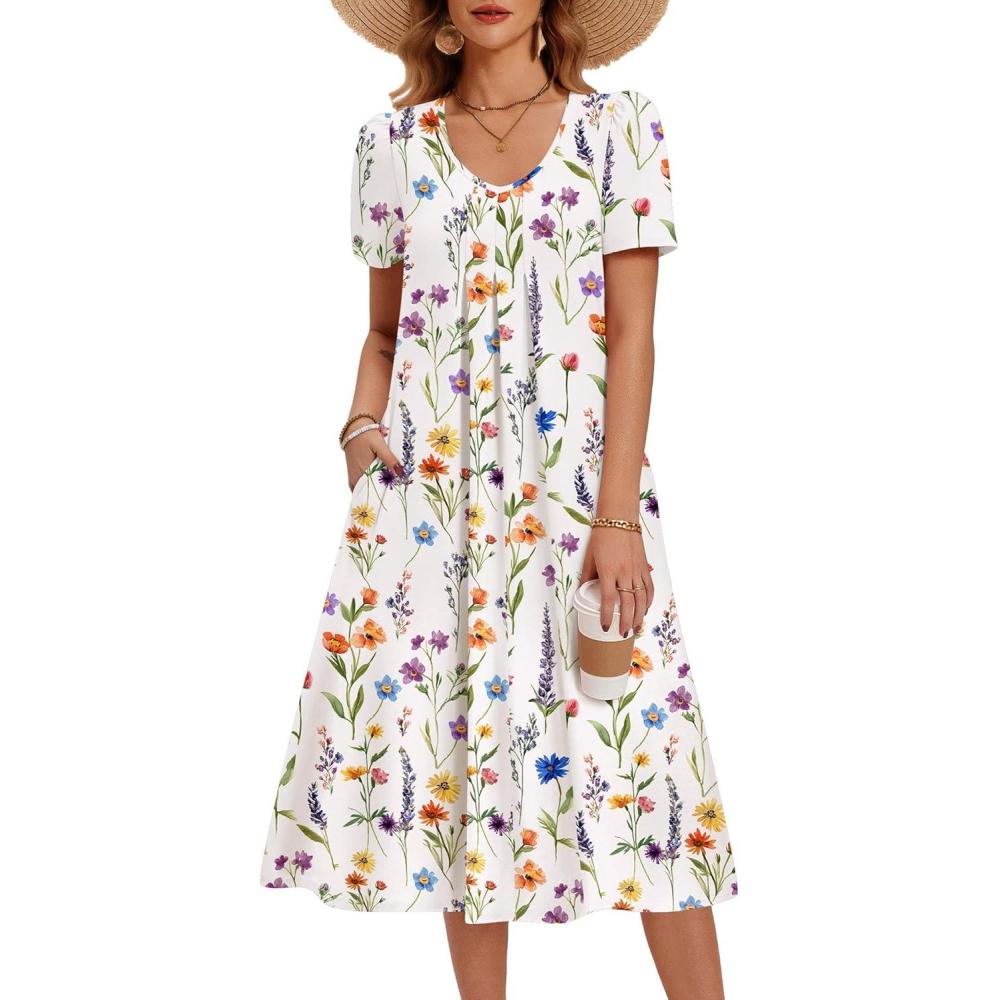 imageZeagoo Summer Dress for Women Casual Floral Midi Sundress with Pockets V Neck Pleated Short Sleeve Aline Beach Vacation DressFloral5
