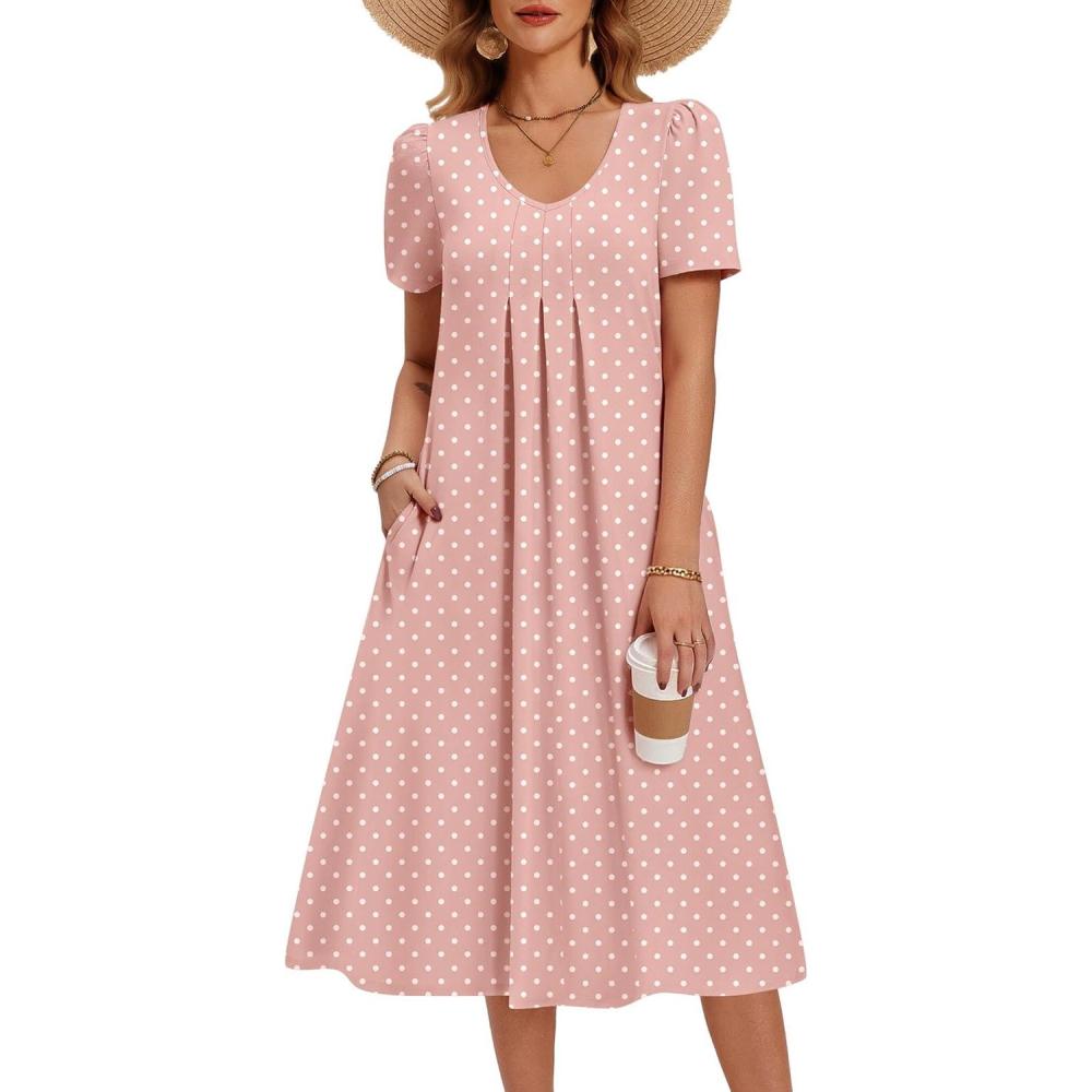 imageZeagoo Summer Dress for Women Casual Floral Midi Sundress with Pockets V Neck Pleated Short Sleeve Aline Beach Vacation DressPink Dot