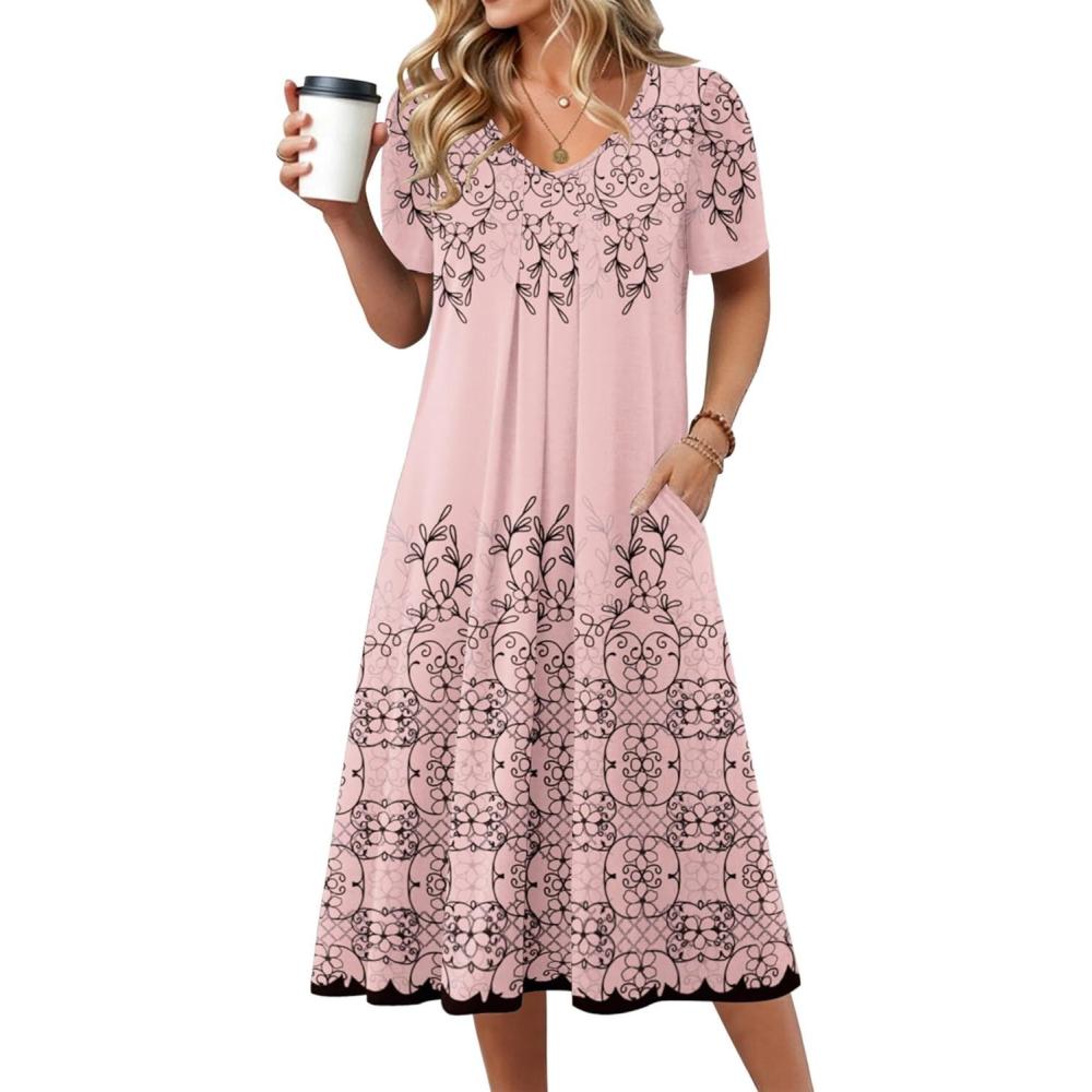 imageZeagoo Summer Dress for Women Casual Floral Midi Sundress with Pockets V Neck Pleated Short Sleeve Aline Beach Vacation DressPink Print1