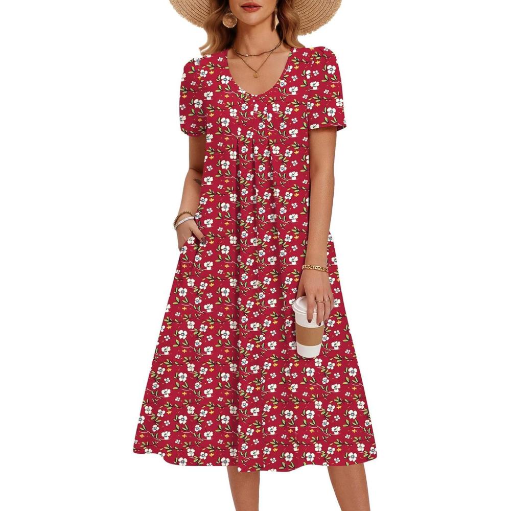 imageZeagoo Summer Dress for Women Casual Floral Midi Sundress with Pockets V Neck Pleated Short Sleeve Aline Beach Vacation DressRed Floral