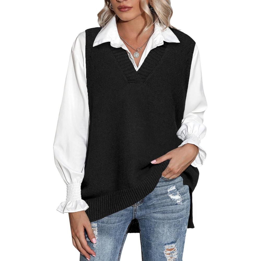 imageZeagoo Sweater Vest Women Sleeveless V Neck Oversized Pullover Knitted Tops 2026 Fall OutfitsBlack
