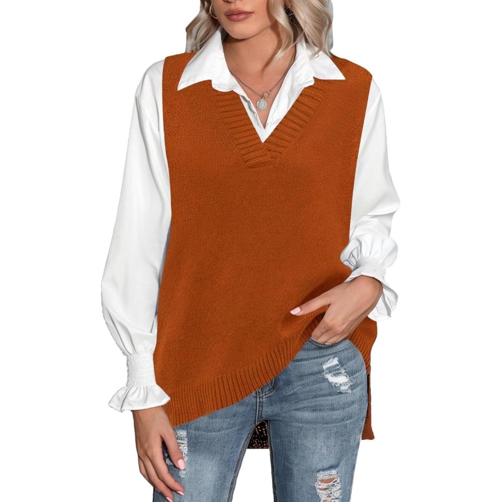 imageZeagoo Sweater Vest Women Sleeveless V Neck Oversized Pullover Knitted Tops 2026 Fall OutfitsCaramel