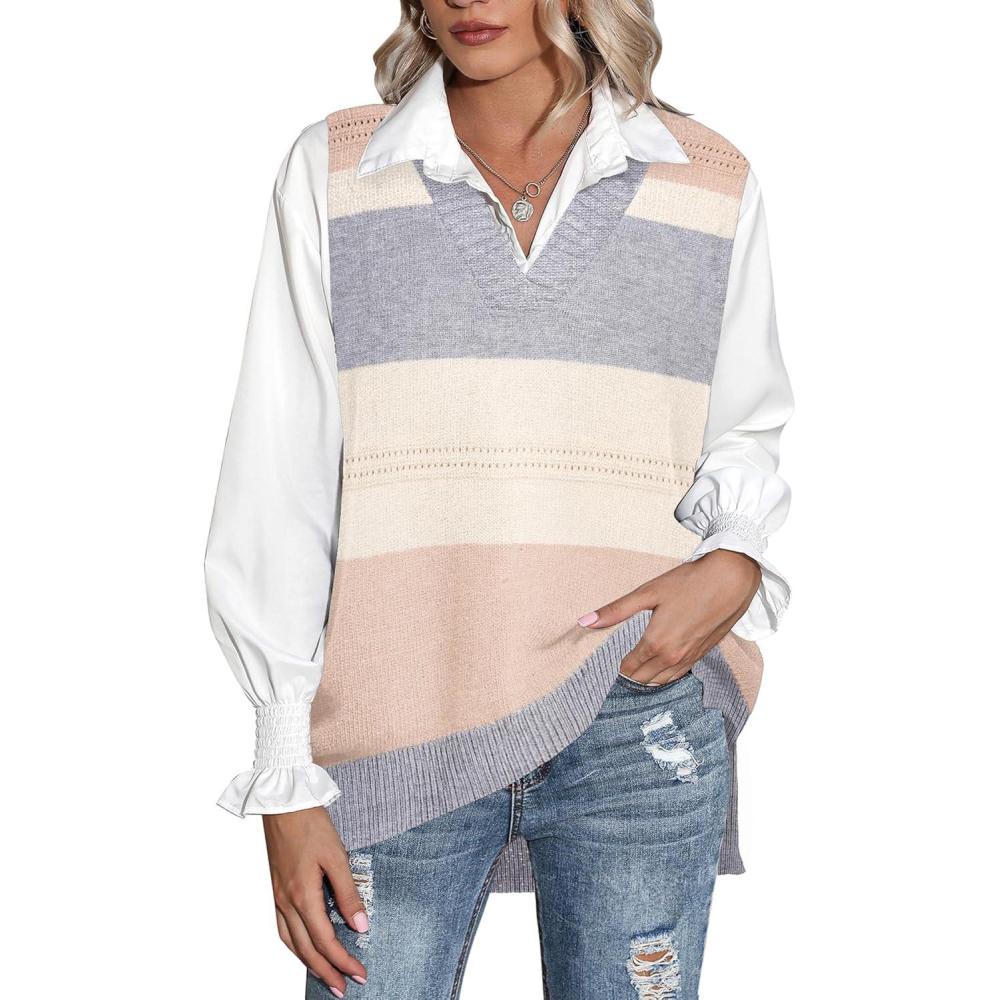 imageZeagoo Sweater Vest Women Sleeveless V Neck Oversized Pullover Knitted Tops 2026 Fall OutfitsColor Block Beige