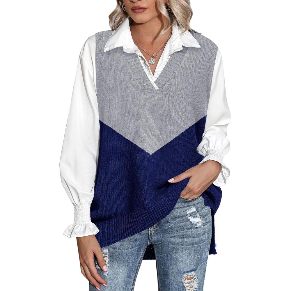 imageZeagoo Sweater Vest Women Sleeveless V Neck Oversized Pullover Knitted Tops 2026 Fall OutfitsColor Block Navy