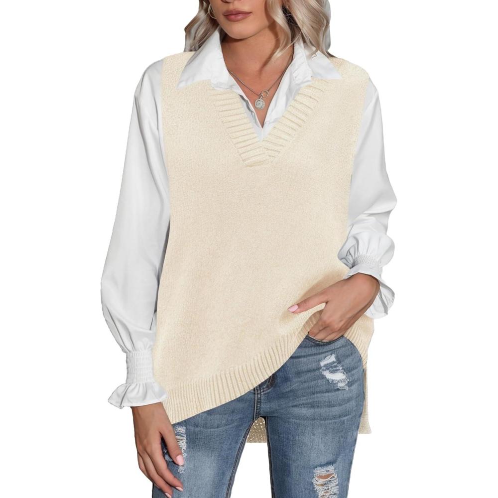 imageZeagoo Sweater Vest Women Sleeveless V Neck Oversized Pullover Knitted Tops 2026 Fall OutfitsCream