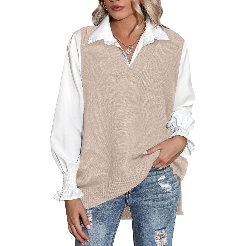 imageZeagoo Sweater Vest Women Sleeveless V Neck Oversized Pullover Knitted Tops 2026 Fall OutfitsDark Apricot