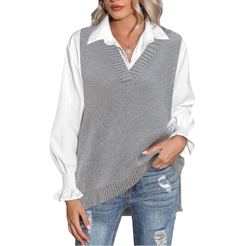 imageZeagoo Sweater Vest Women Sleeveless V Neck Oversized Pullover Knitted Tops 2026 Fall OutfitsGrey