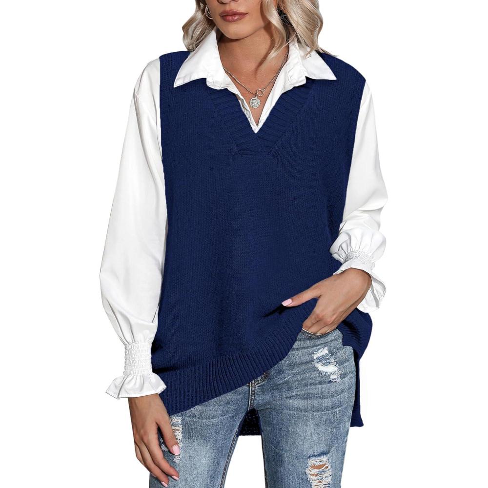 imageZeagoo Sweater Vest Women Sleeveless V Neck Oversized Pullover Knitted Tops 2026 Fall OutfitsNavy Blue