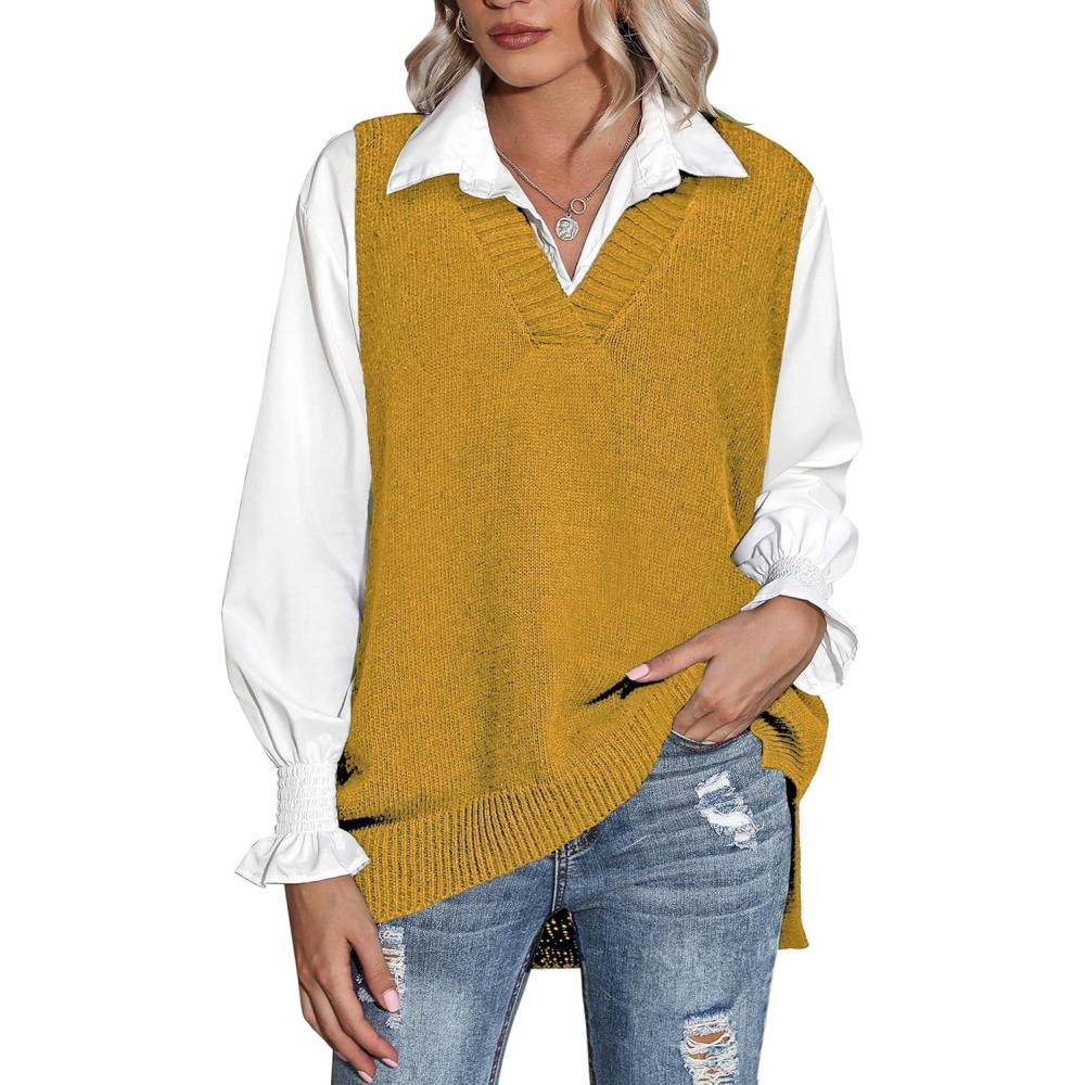 imageZeagoo Sweater Vest Women Sleeveless V Neck Oversized Pullover Knitted Tops 2026 Fall OutfitsYellow