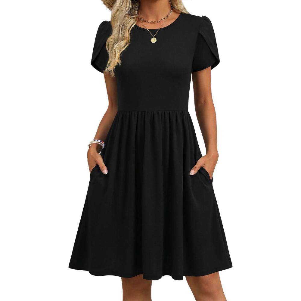 imageZeagoo Women Summer Dress 2026 Short Sleeve Aline Mini Dresses with Pockets Casual Swing Tshirt Dress Vocation Beach SundressBlack