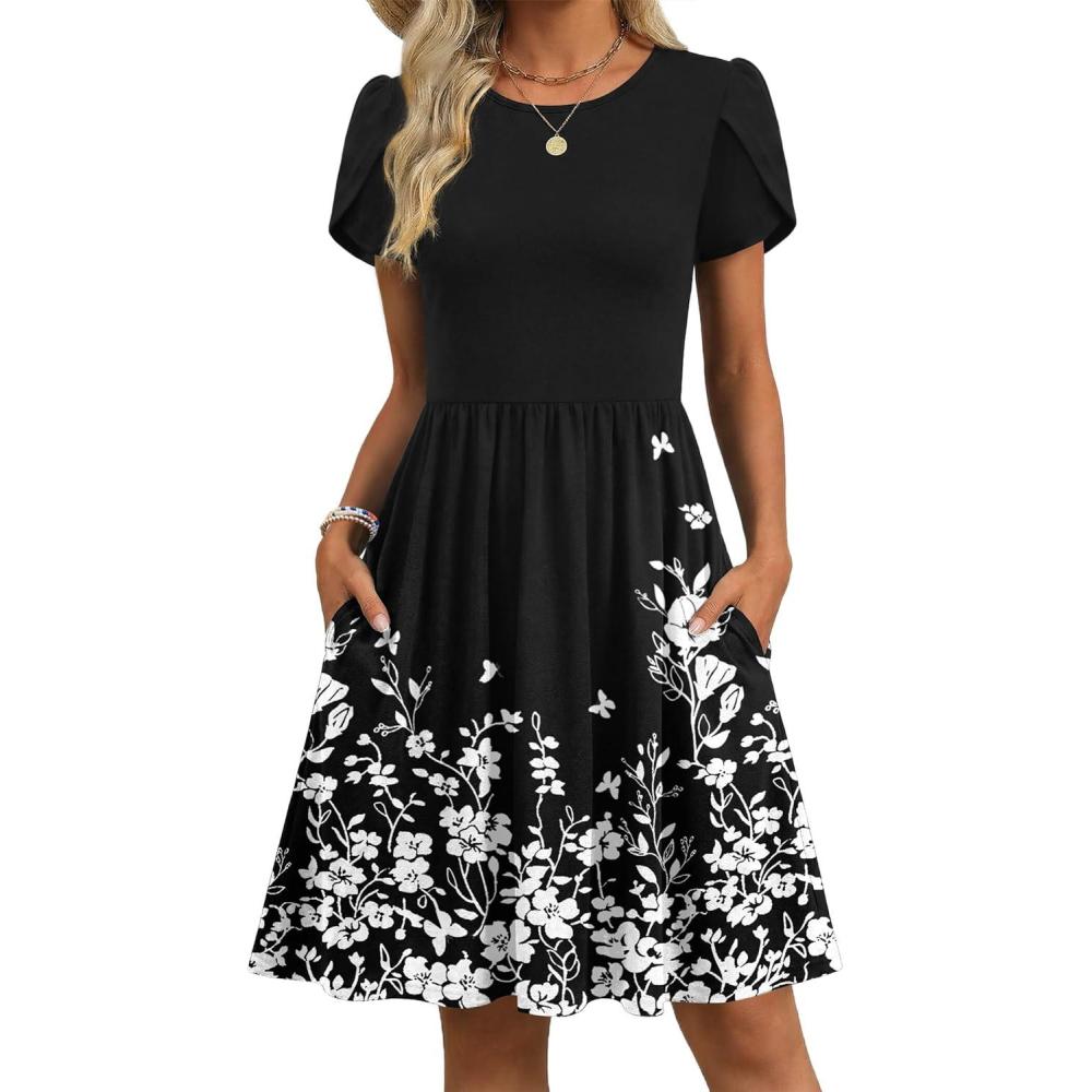 imageZeagoo Women Summer Dress 2026 Short Sleeve Aline Mini Dresses with Pockets Casual Swing Tshirt Dress Vocation Beach SundressBlack Floral