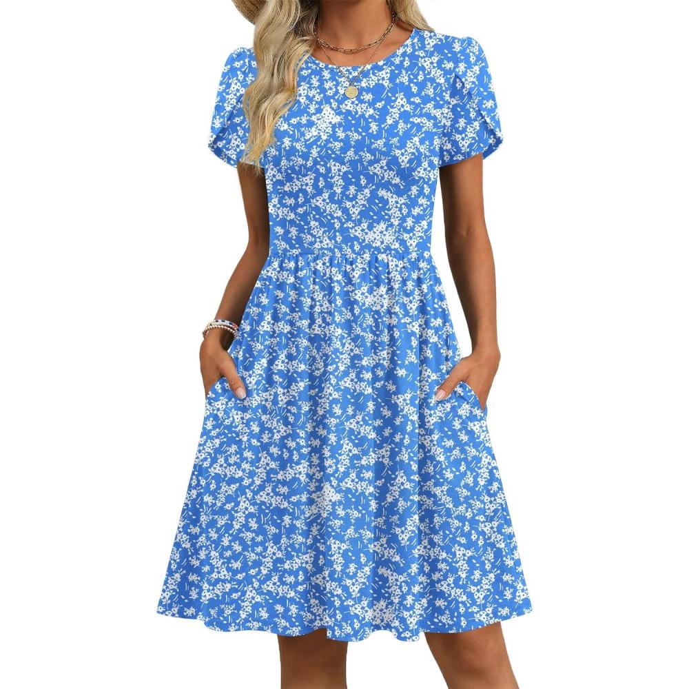 imageZeagoo Women Summer Dress 2026 Short Sleeve Aline Mini Dresses with Pockets Casual Swing Tshirt Dress Vocation Beach SundressBlue Floral