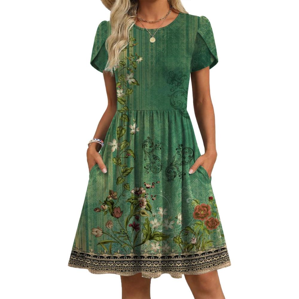 imageZeagoo Women Summer Dress 2026 Short Sleeve Aline Mini Dresses with Pockets Casual Swing Tshirt Dress Vocation Beach SundressGreen Ethnic