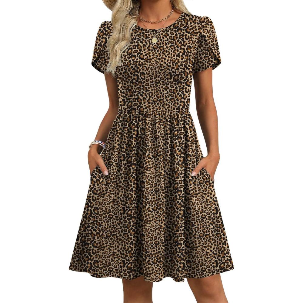 imageZeagoo Women Summer Dress 2026 Short Sleeve Aline Mini Dresses with Pockets Casual Swing Tshirt Dress Vocation Beach SundressLeopard Print