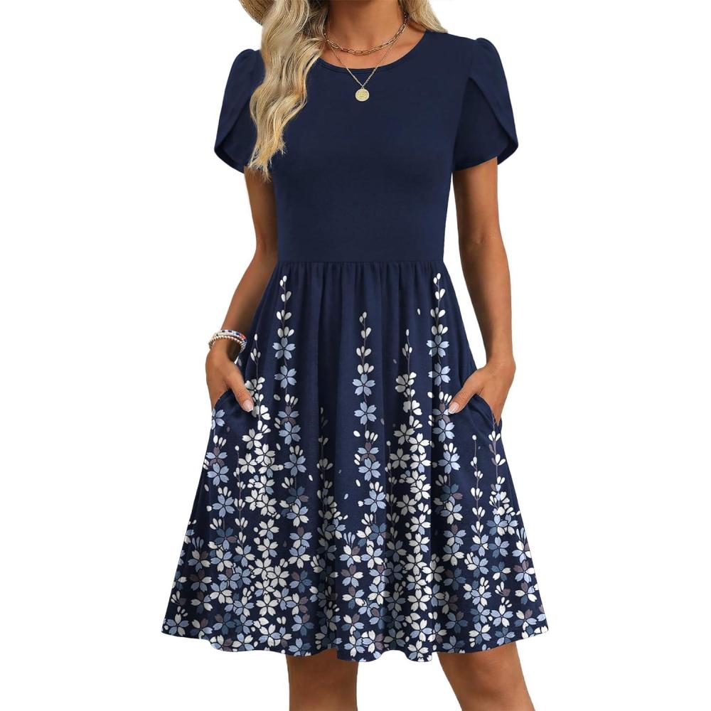 imageZeagoo Women Summer Dress 2026 Short Sleeve Aline Mini Dresses with Pockets Casual Swing Tshirt Dress Vocation Beach SundressNavy Floral