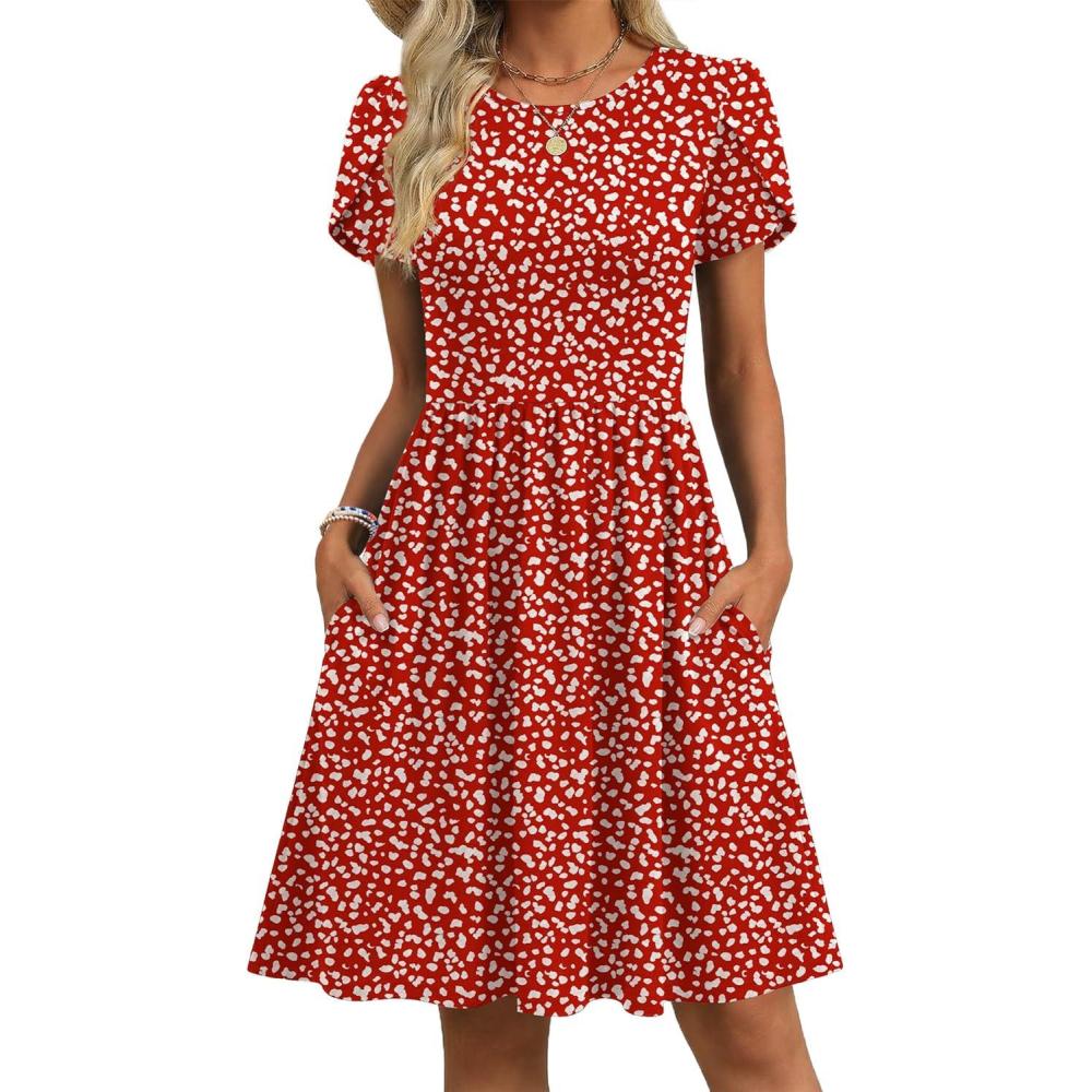 imageZeagoo Women Summer Dress 2026 Short Sleeve Aline Mini Dresses with Pockets Casual Swing Tshirt Dress Vocation Beach SundressRed Floral