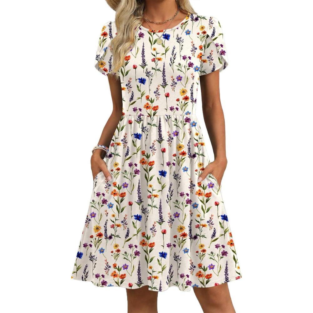 imageZeagoo Women Summer Dress 2026 Short Sleeve Aline Mini Dresses with Pockets Casual Swing Tshirt Dress Vocation Beach SundressWhite Print