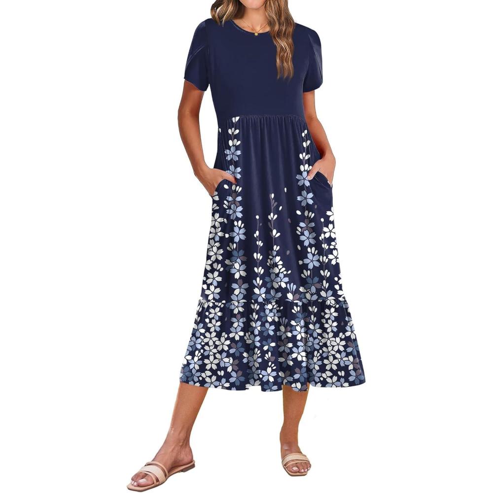 imageZeagoo Women Summer Midi A Line Dress Short Sleeve Casual Flowy Tiered Beach Long Sundress with Pockets 2026 Vacation TravelA01navy Blue Floral