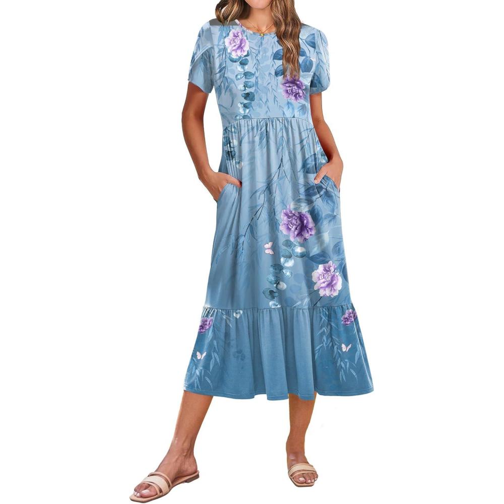 imageZeagoo Women Summer Midi A Line Dress Short Sleeve Casual Flowy Tiered Beach Long Sundress with Pockets 2026 Vacation TravelA02blue Floral2