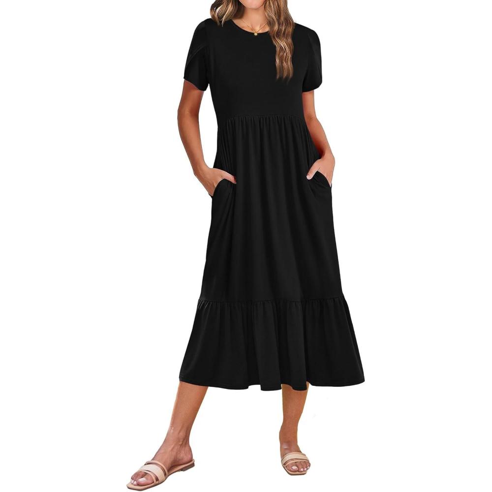 imageZeagoo Women Summer Midi A Line Dress Short Sleeve Casual Flowy Tiered Beach Long Sundress with Pockets 2026 Vacation TravelA03black