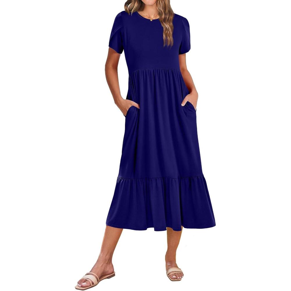 imageZeagoo Women Summer Midi A Line Dress Short Sleeve Casual Flowy Tiered Beach Long Sundress with Pockets 2026 Vacation TravelA04navy Blue
