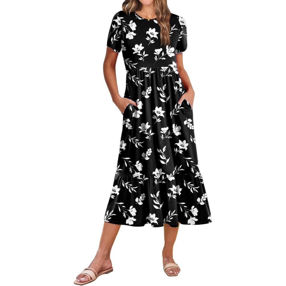 imageZeagoo Women Summer Midi A Line Dress Short Sleeve Casual Flowy Tiered Beach Long Sundress with Pockets 2026 Vacation TravelBlack White Floral