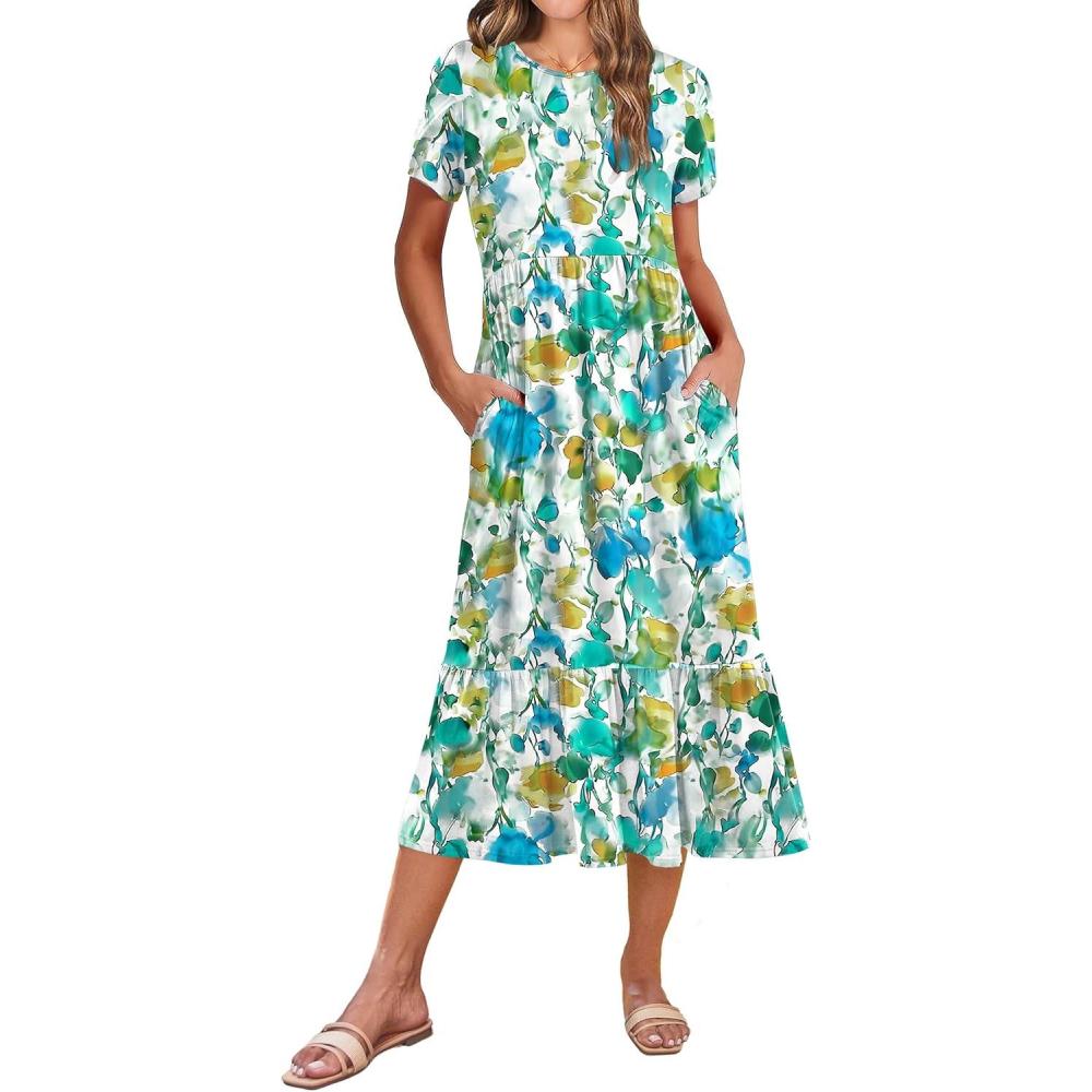 imageZeagoo Women Summer Midi A Line Dress Short Sleeve Casual Flowy Tiered Beach Long Sundress with Pockets 2026 Vacation TravelBlue Brown Floral