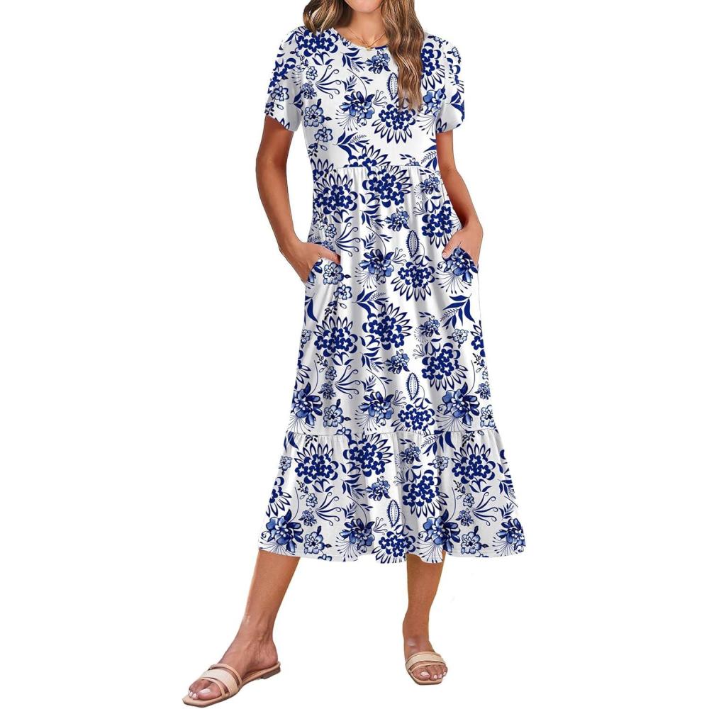 imageZeagoo Women Summer Midi A Line Dress Short Sleeve Casual Flowy Tiered Beach Long Sundress with Pockets 2026 Vacation TravelBlue Floral