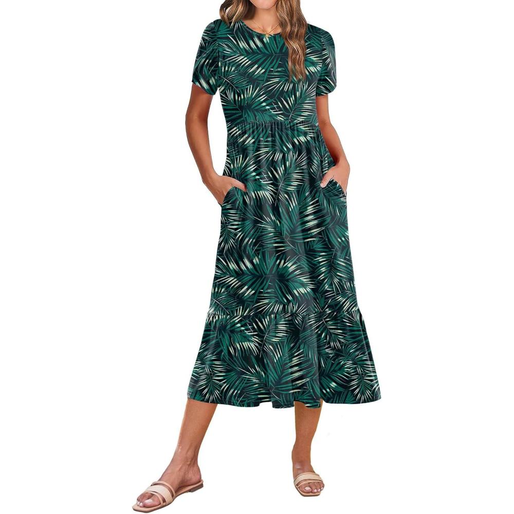 imageZeagoo Women Summer Midi A Line Dress Short Sleeve Casual Flowy Tiered Beach Long Sundress with Pockets 2026 Vacation TravelGreen Leaf