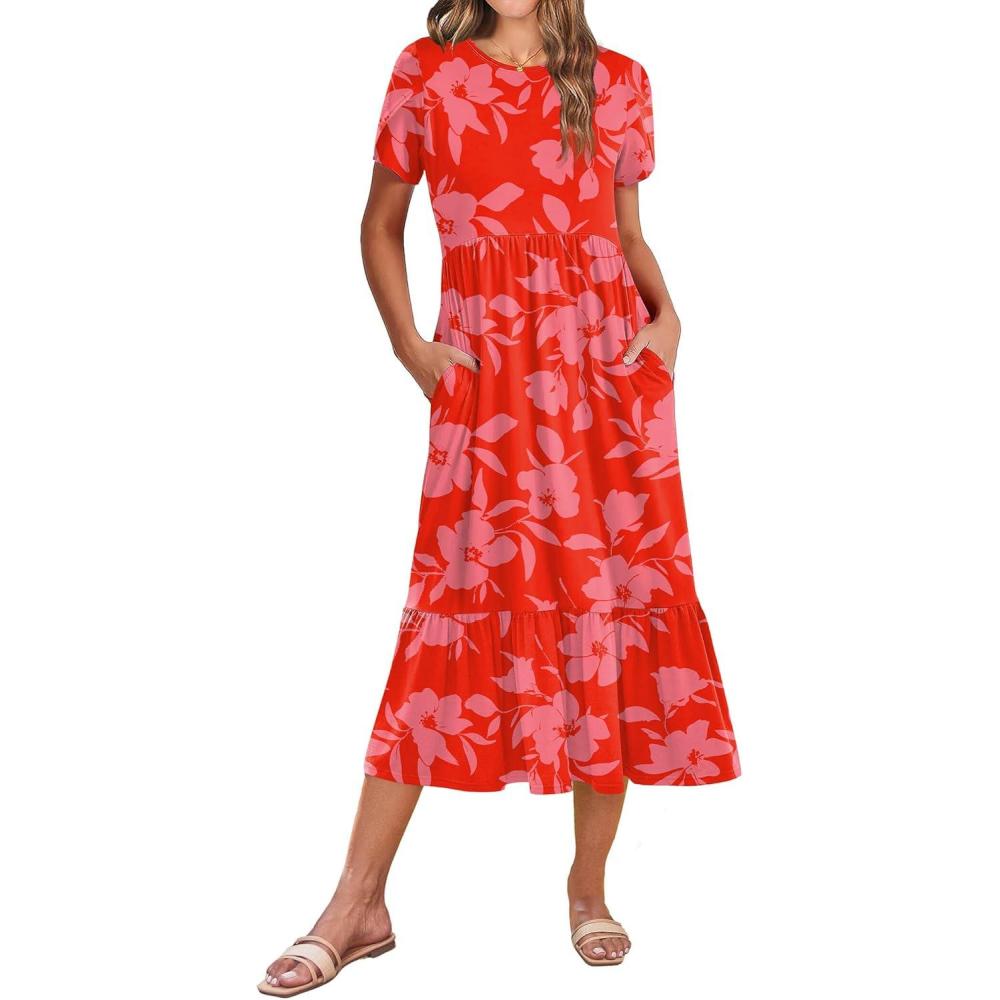 imageZeagoo Women Summer Midi A Line Dress Short Sleeve Casual Flowy Tiered Beach Long Sundress with Pockets 2026 Vacation TravelRed Floral