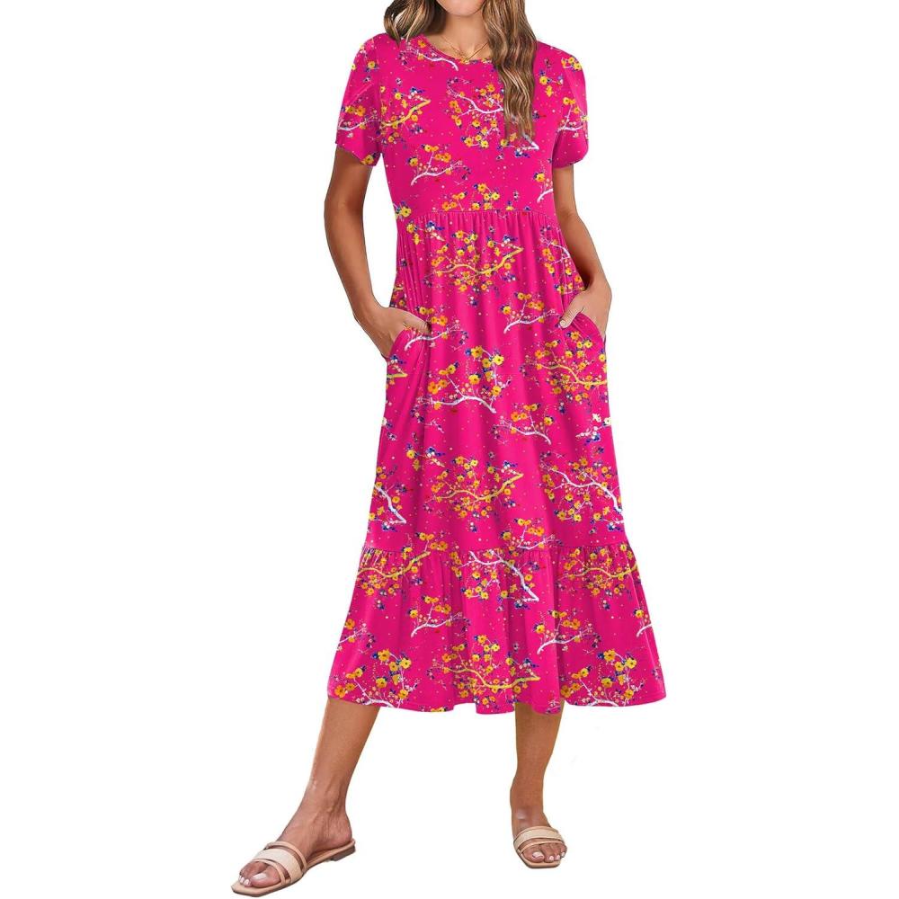 imageZeagoo Women Summer Midi A Line Dress Short Sleeve Casual Flowy Tiered Beach Long Sundress with Pockets 2026 Vacation TravelRed Floral3