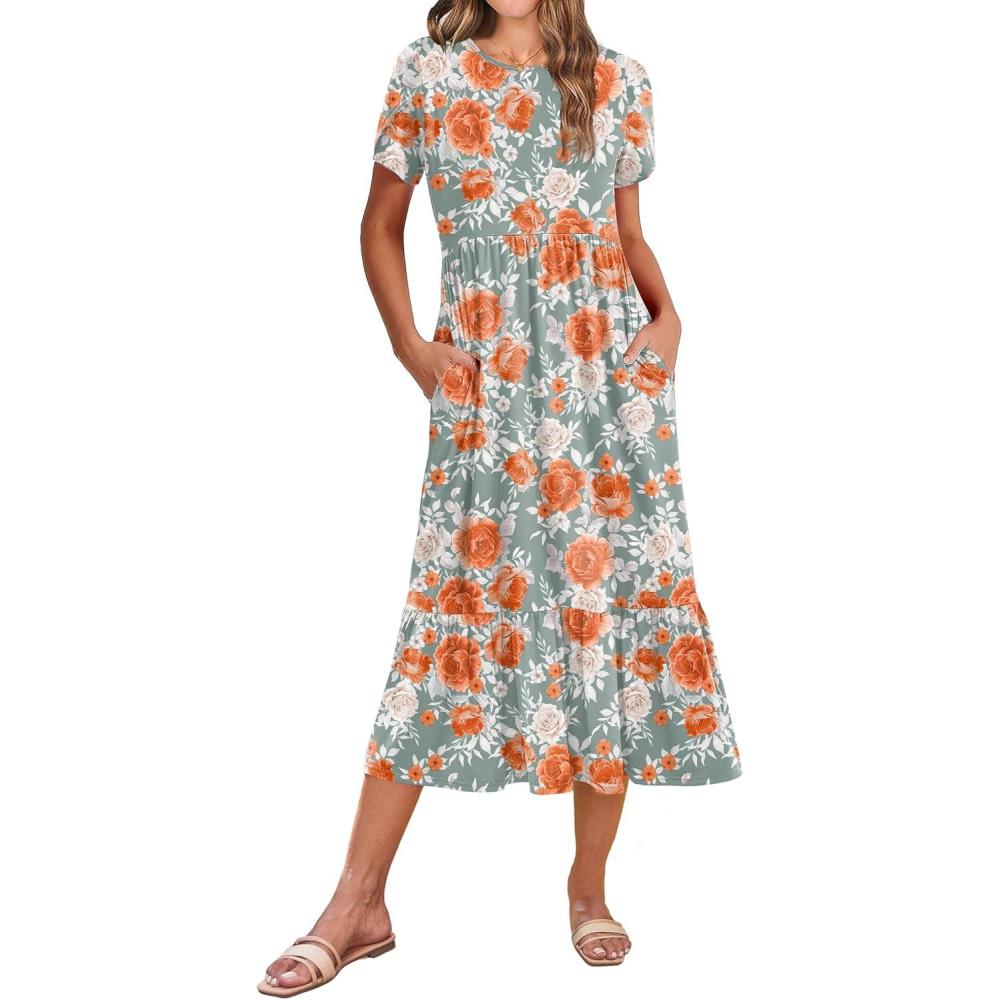 imageZeagoo Women Summer Midi A Line Dress Short Sleeve Casual Flowy Tiered Beach Long Sundress with Pockets 2026 Vacation TravelRed White Floral