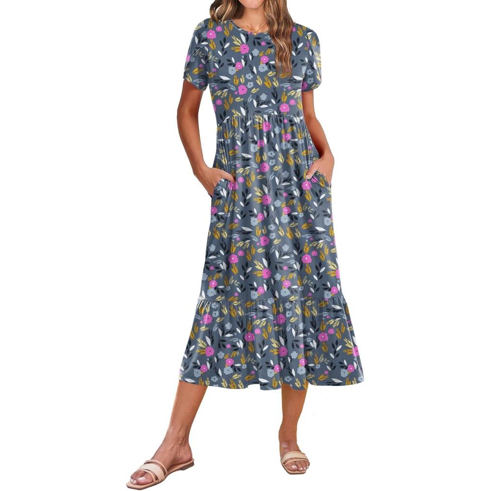 imageZeagoo Women Summer Midi A Line Dress Short Sleeve Casual Flowy Tiered Beach Long Sundress with Pockets 2026 Vacation TravelRose Red Floral