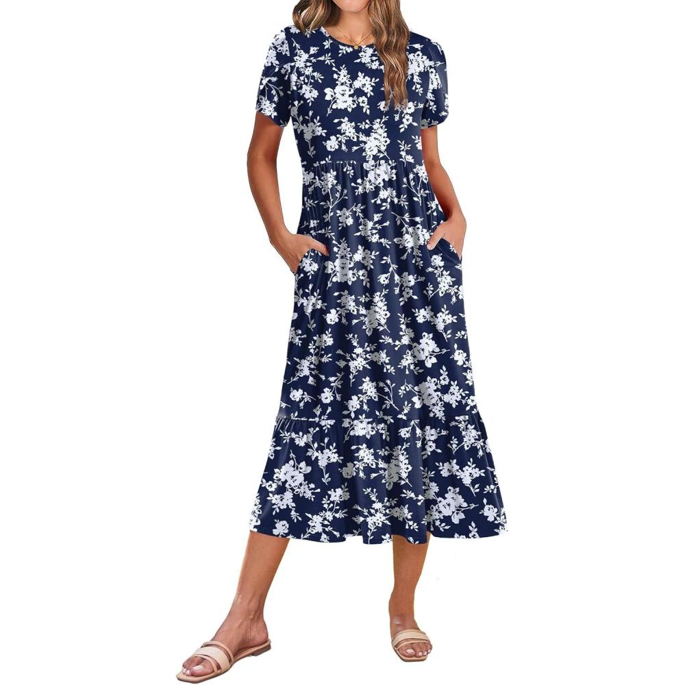 imageZeagoo Women Summer Midi A Line Dress Short Sleeve Casual Flowy Tiered Beach Long Sundress with Pockets 2026 Vacation TravelWhite Floral2