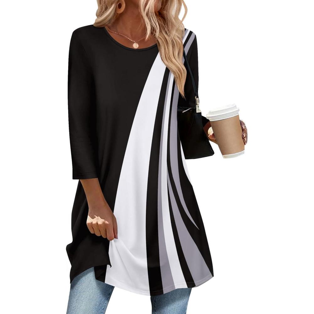 imageZeagoo Women Tops 34 Sleeve Dressy Casual Plus Size Tunics to Wear with Leggings Swing Flare TShirt Loose BlousesBlack Whitejh540