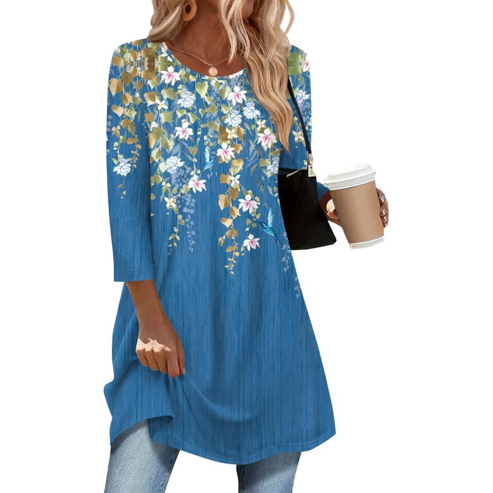 imageZeagoo Women Tops 34 Sleeve Dressy Casual Plus Size Tunics to Wear with Leggings Swing Flare TShirt Loose BlousesBlue Flowersf223
