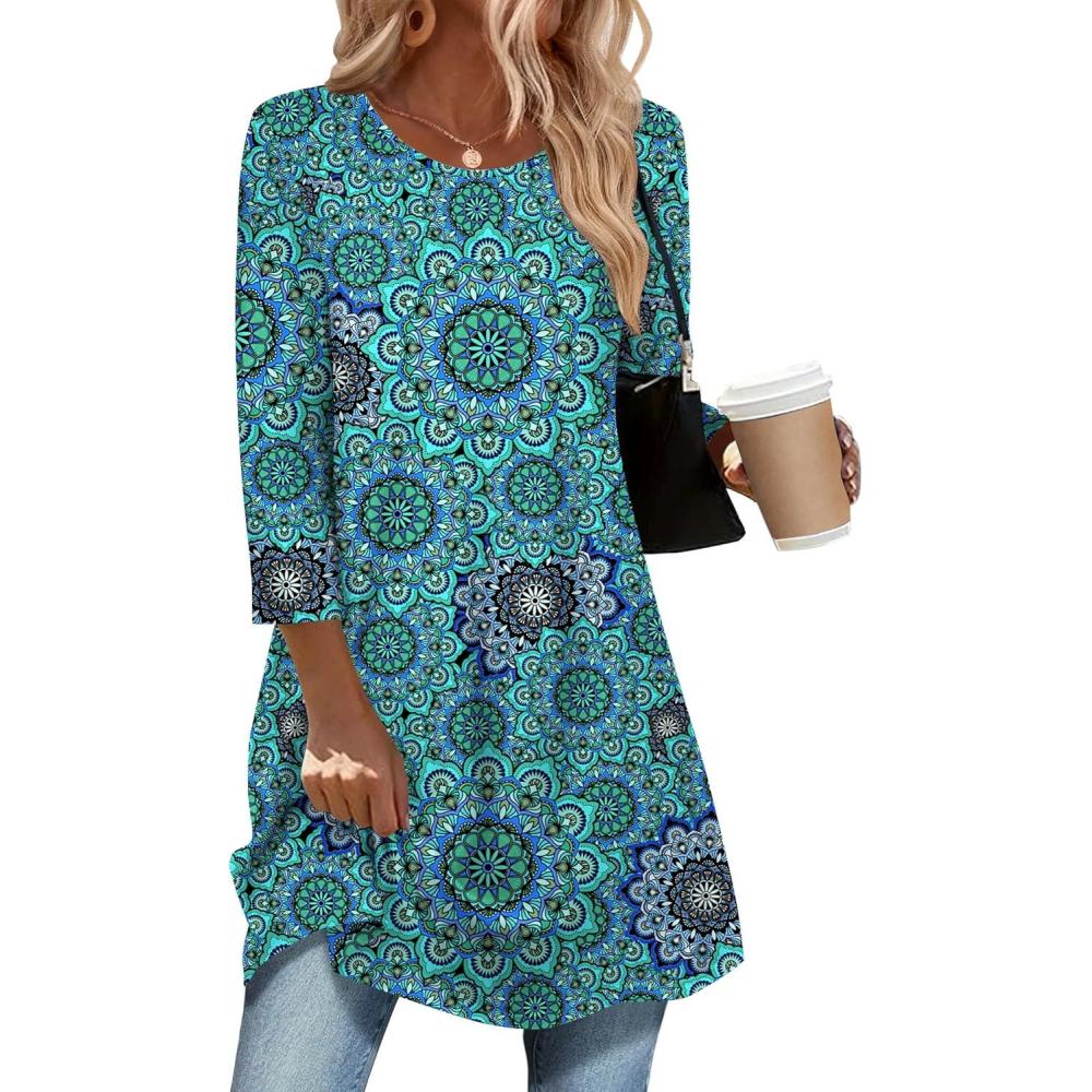 imageZeagoo Women Tops 34 Sleeve Dressy Casual Plus Size Tunics to Wear with Leggings Swing Flare TShirt Loose BlousesBlue Printmz858