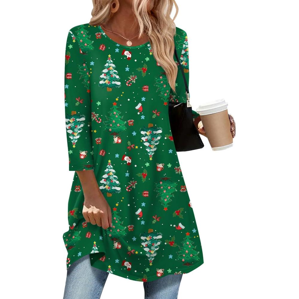imageZeagoo Women Tops 34 Sleeve Dressy Casual Plus Size Tunics to Wear with Leggings Swing Flare TShirt Loose BlousesGreen Christmassd477