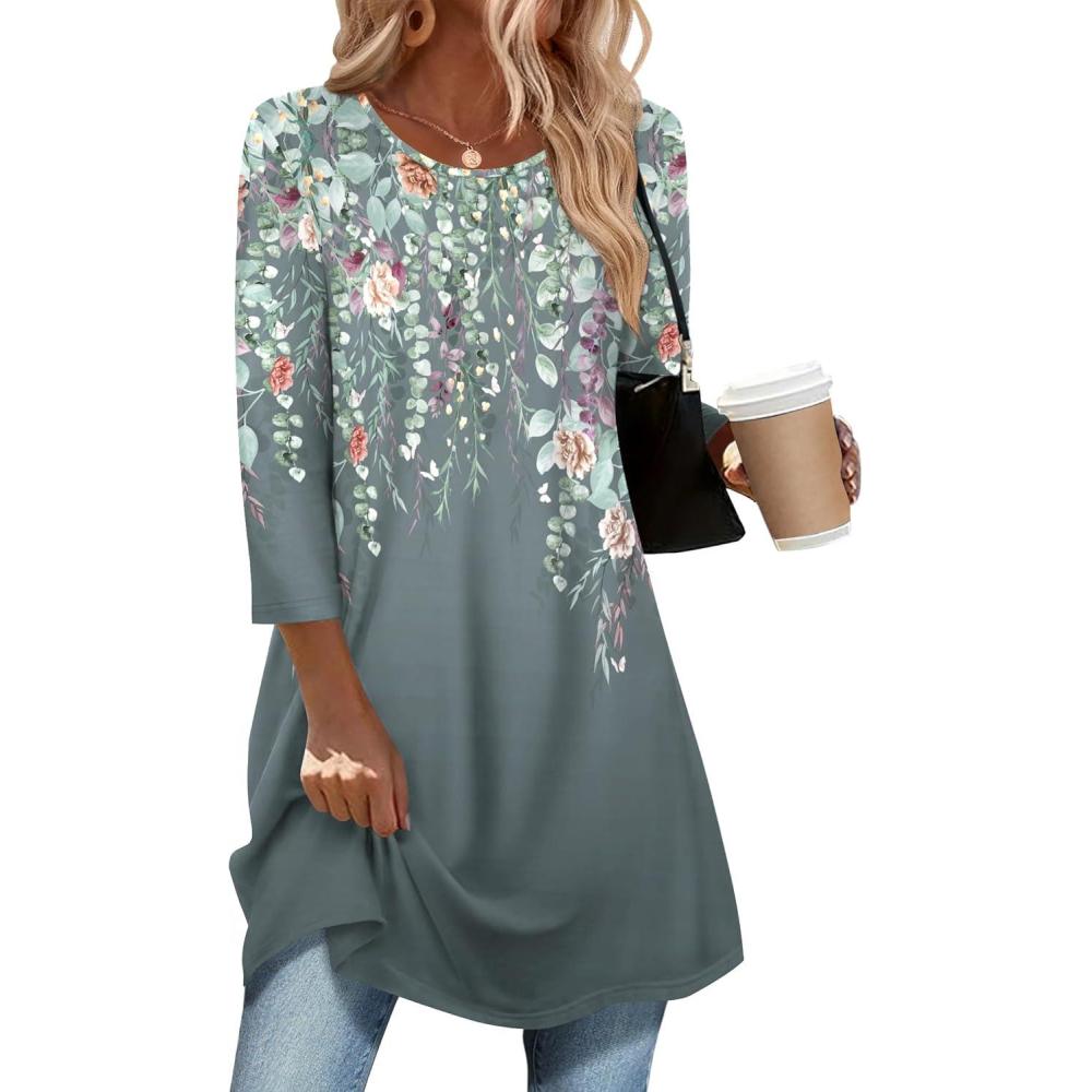 imageZeagoo Women Tops 34 Sleeve Dressy Casual Plus Size Tunics to Wear with Leggings Swing Flare TShirt Loose BlousesGrey Flowerwf71