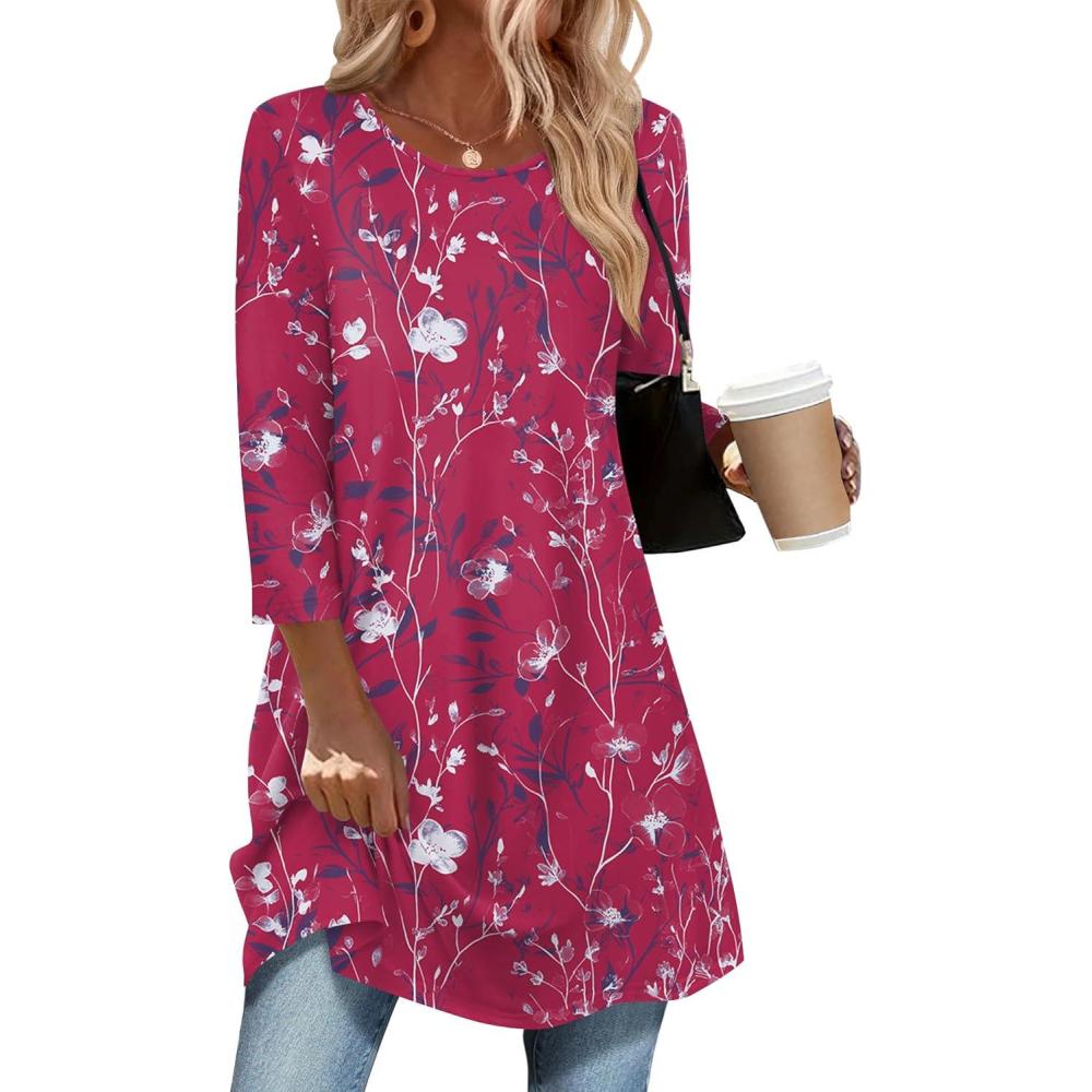imageZeagoo Women Tops 34 Sleeve Dressy Casual Plus Size Tunics to Wear with Leggings Swing Flare TShirt Loose BlousesHot Pink Flowersf243