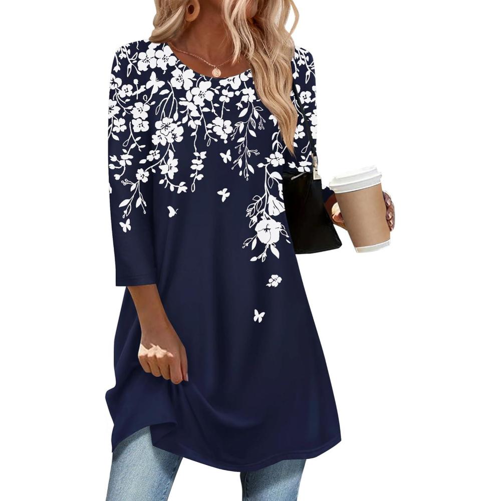 imageZeagoo Women Tops 34 Sleeve Dressy Casual Plus Size Tunics to Wear with Leggings Swing Flare TShirt Loose BlousesNavy Blue Flowerssf103