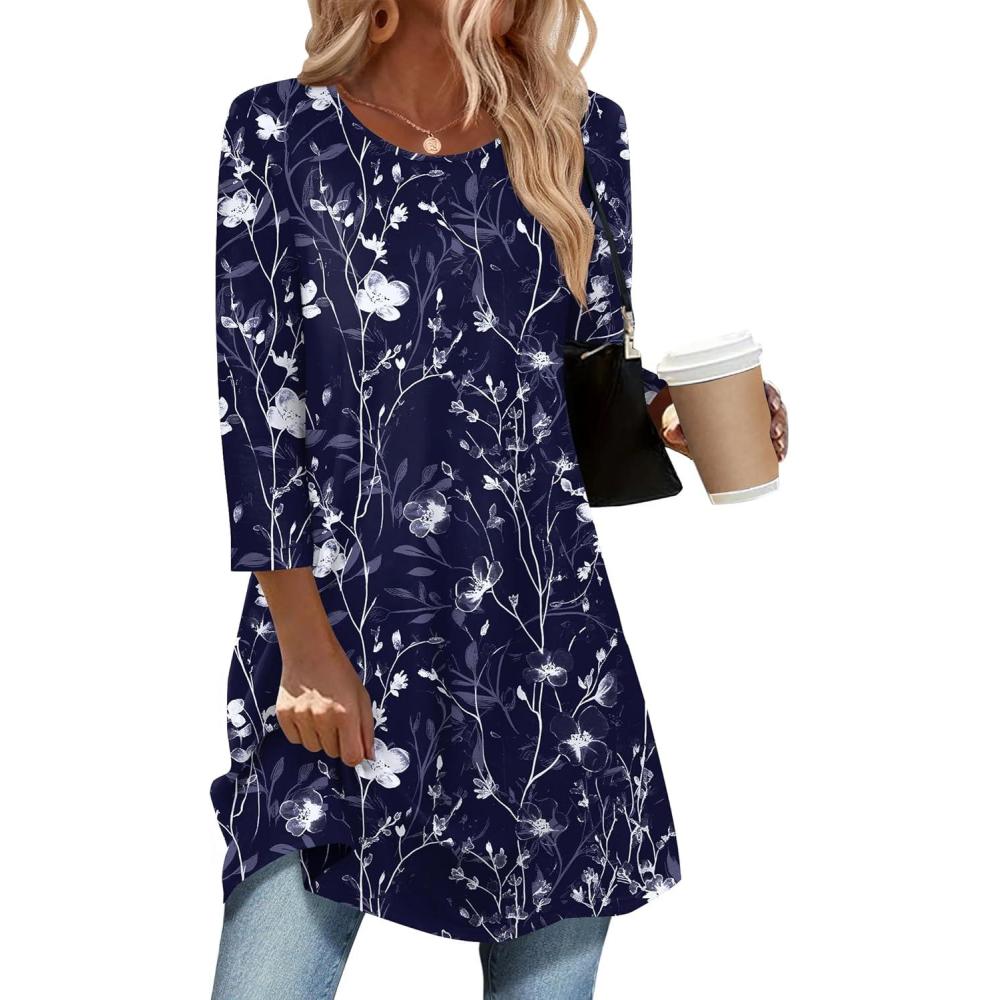 imageZeagoo Women Tops 34 Sleeve Dressy Casual Plus Size Tunics to Wear with Leggings Swing Flare TShirt Loose BlousesNavy Flowersf180
